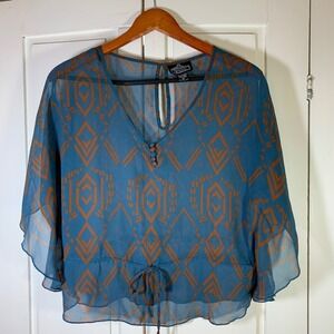 ANGIE Teal Orange Geometric Print Kimono Sleeve Tie Waist Blouse Top M
